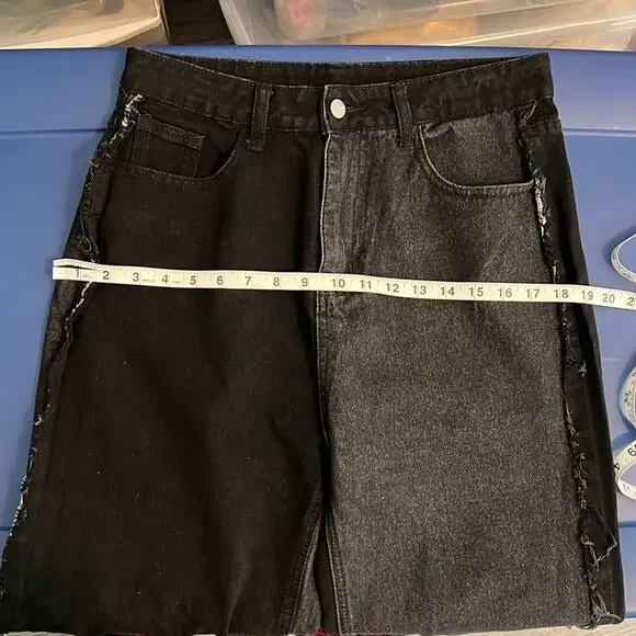 Shein 2 Tone Patch Distressed Black & Dark Denim Ultra High Rise Jeans - Picture 10 of 15